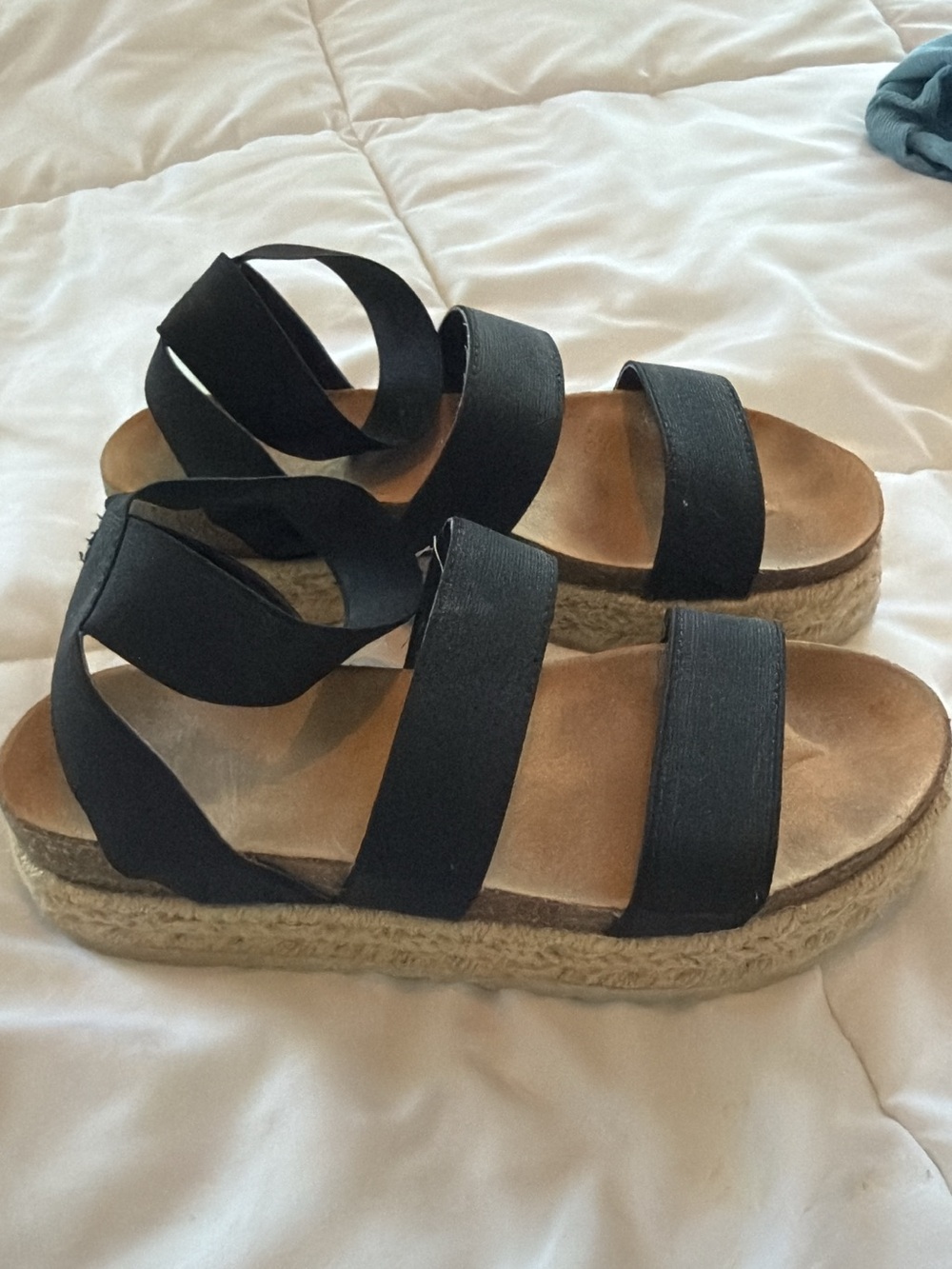 Women's Black Espadrille Platform Sandals with Strappy Elastic Upper